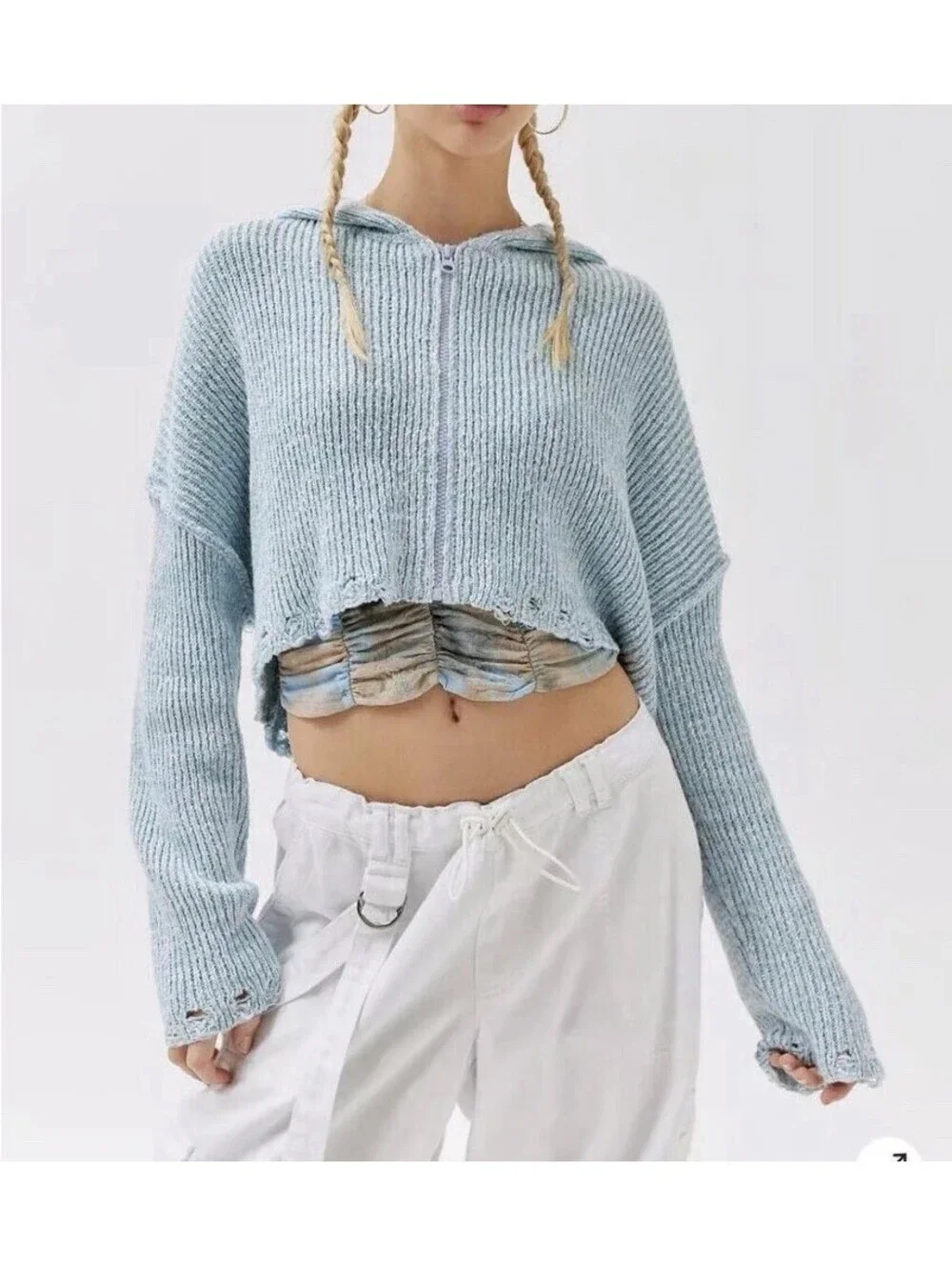 Urban Outfitters Womens Small Blue Rhode Distressed Hooded Zip Cardigan Crop